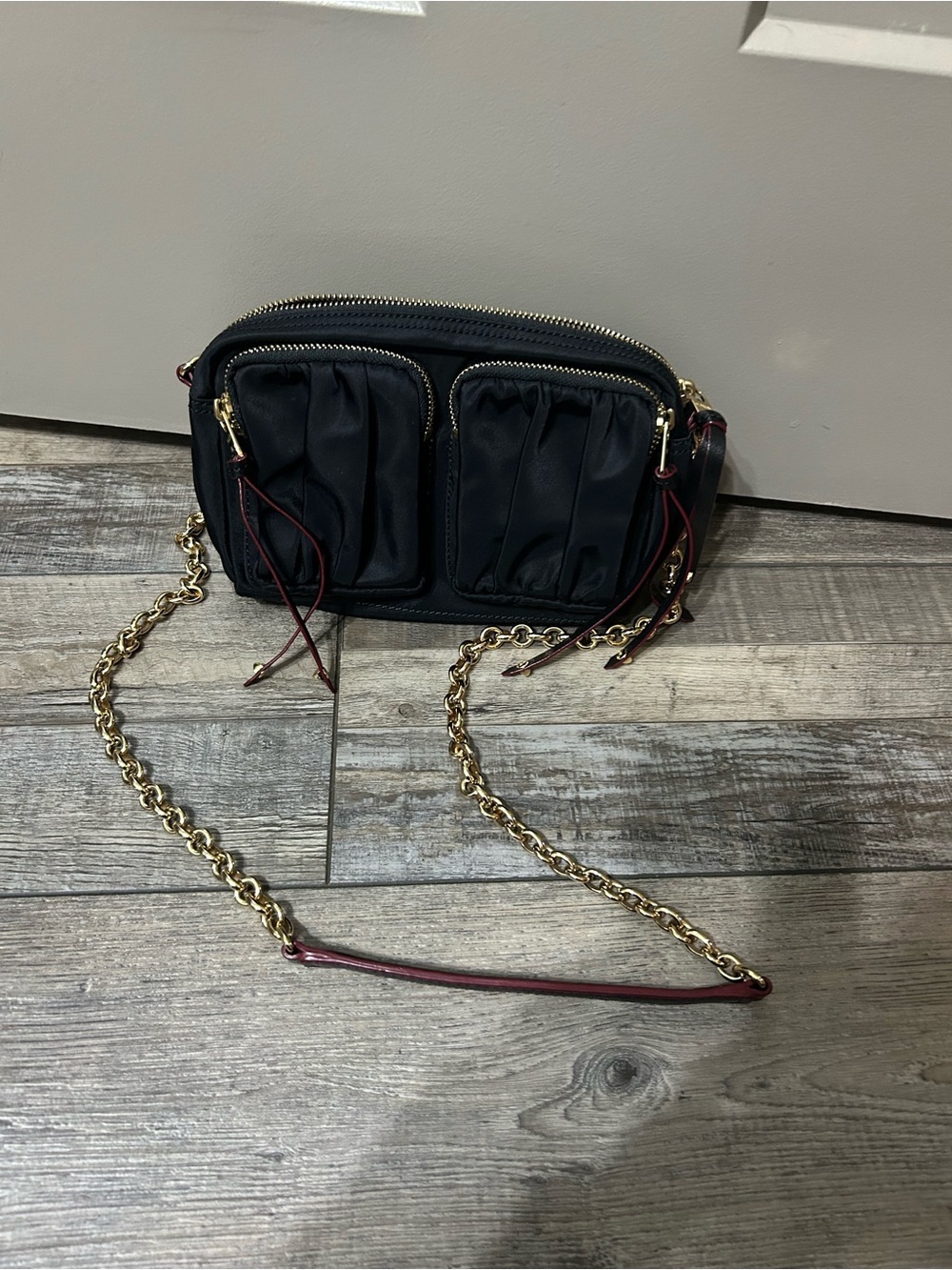 MZ Wallace Penny Bedford Crossbody Black red Nylon Gold Chain Bag